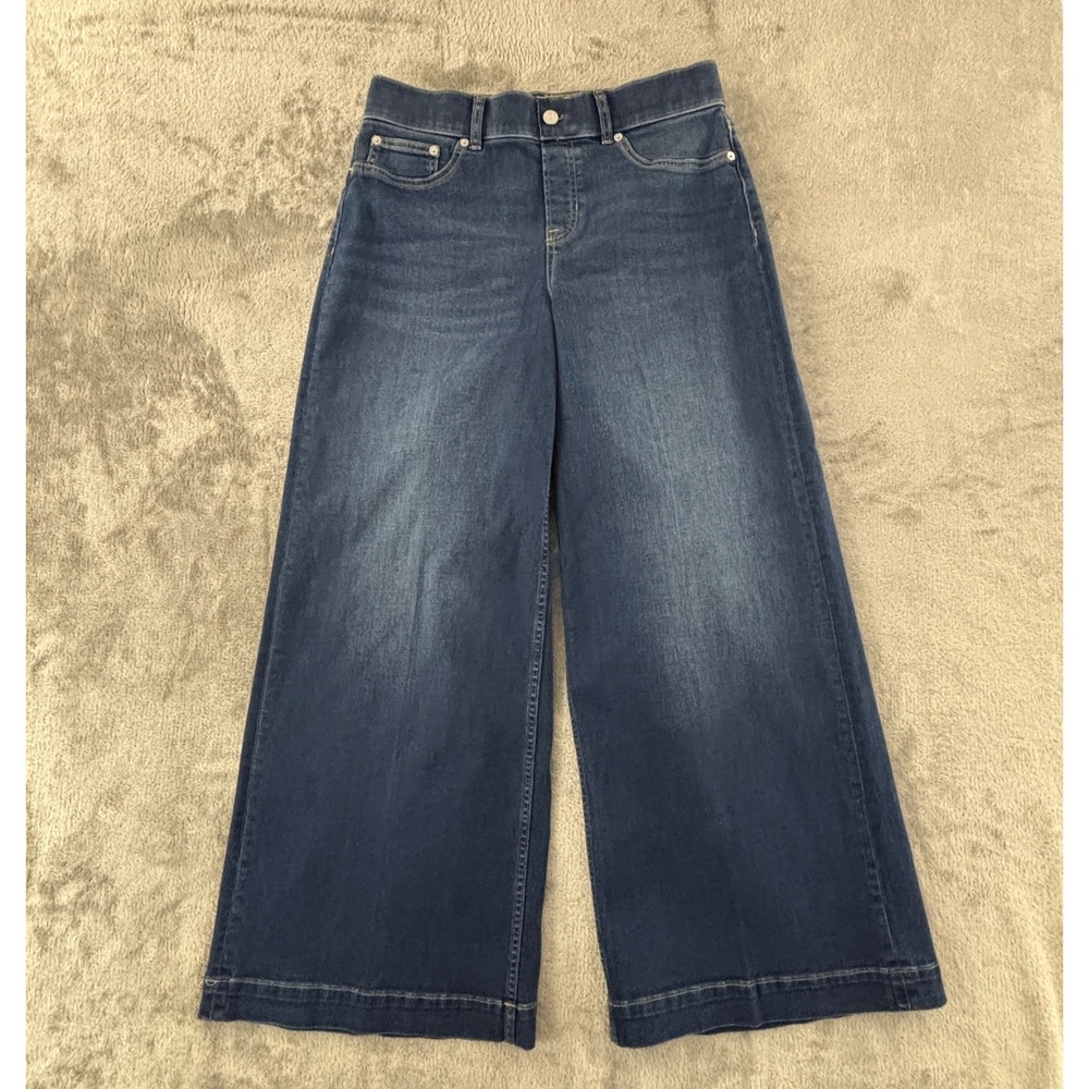 Spanx Pull On Wide Leg Jeans Womens L Petite Pacific Blue Wash High Rise 21558Q
